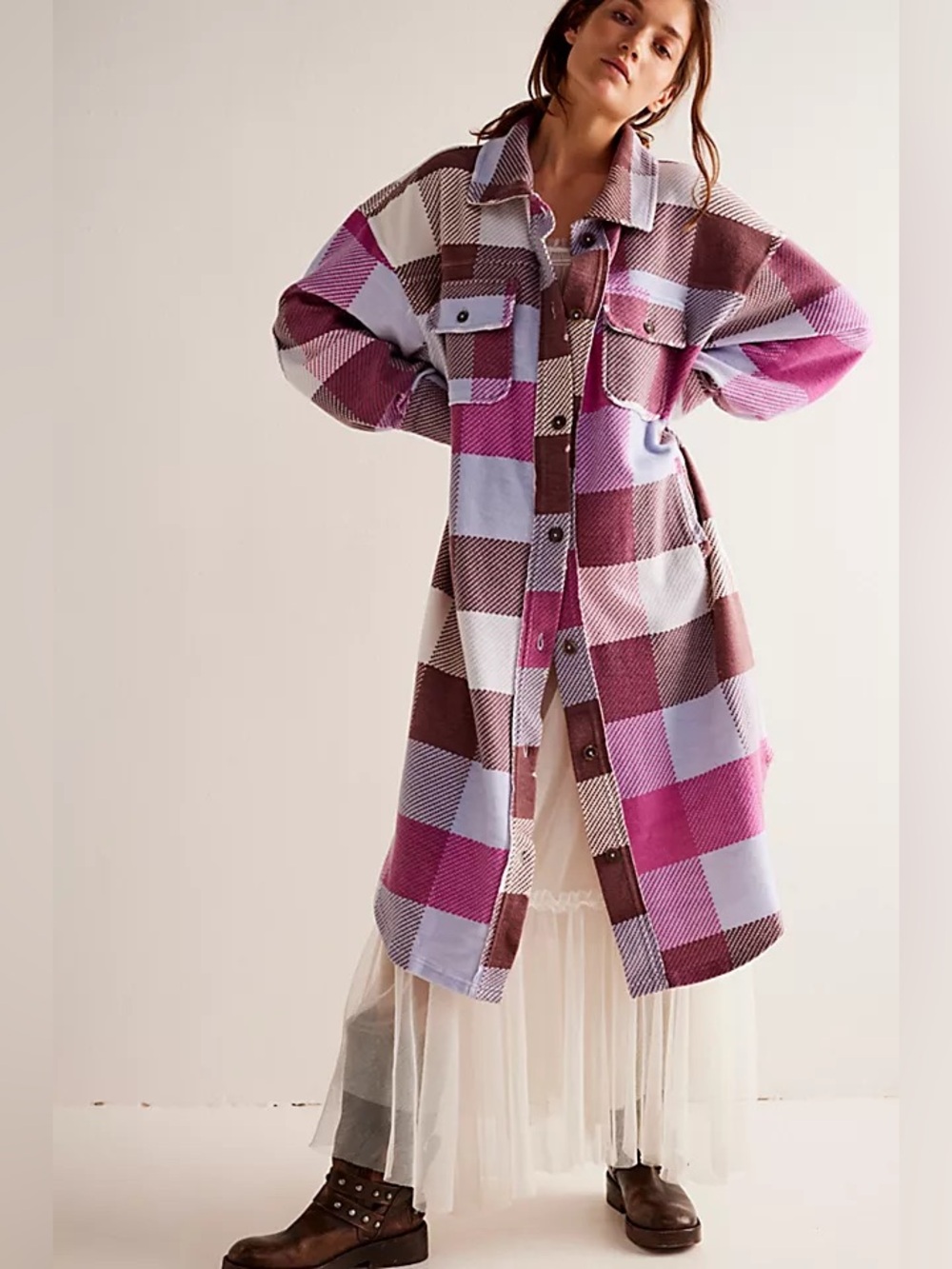 Free People Long Ruby Purple Cream Blue Plaid Soft Collared Shacket Jacket XS